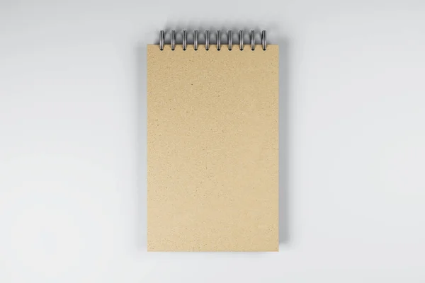 Top View Close Brown Spring Notepad White Desktop Background Mock — Stock Photo, Image