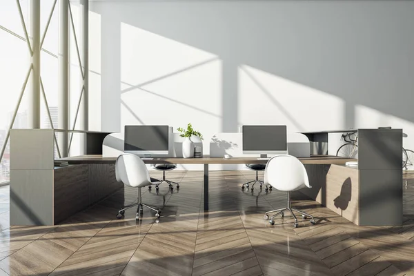 Moderno Ufficio Coworking Hipster Interno Con Pavimenti Legno Luce Solare — Foto Stock