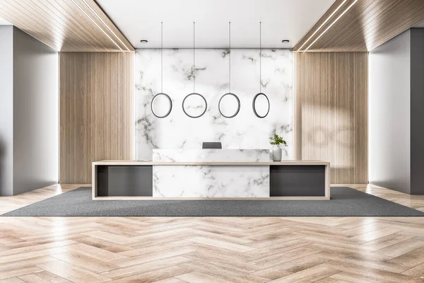 Moderne Houten Betonnen Kantoor Lobby Interieur Met Receptie Decoratieve Items — Stockfoto