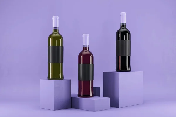 ラベンダーの背景にクリーンなモックアップラベル付きワインボトル 広告やブランディング 酒や飲料の概念 3Dレンダリング — ストック写真