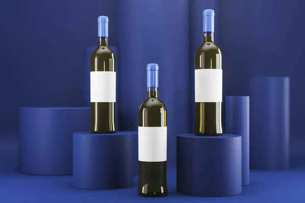 青い背景に空のモックアップラベル付きワインボトル 広告やブランディング 酒や飲料の概念 3Dレンダリング — ストック写真