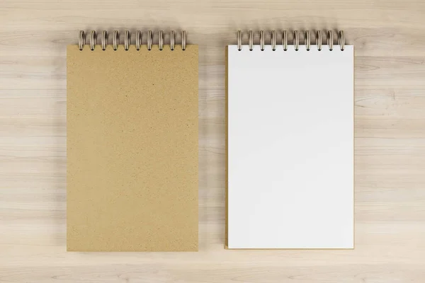Top View Close Two White Brown Spring Notepads Wooden Desktop — Stock Photo, Image