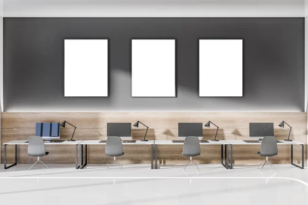 Modern Wooden Concrete Coworking Office Interior Blank Mock Posters Wall — Stock Photo, Image