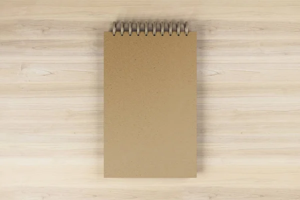 Tahta Masaüstü Arkaplanındaki Kahverengi Yay Defterinin Üst Görüntüsü Kapağı Reklamınız — Stok fotoğraf