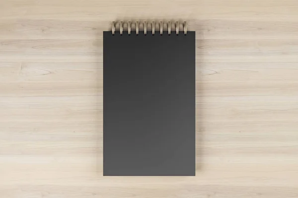 Tahta Masaüstü Arkaplanındaki Siyah Yay Defterinin Üst Görüntüsü Kapağı Reklamınız — Stok fotoğraf