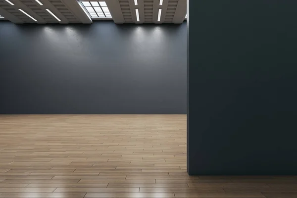 Modern Temiz Siyah Duvar Galerisi Sahte Bir Yer Ahşap Parke — Stok fotoğraf
