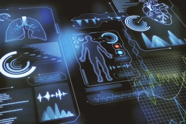 Bulanık Karanlık Arka Planda Soyut Tıbbi Arayüz Hologramı Tıp Iletişim — Stok fotoğraf