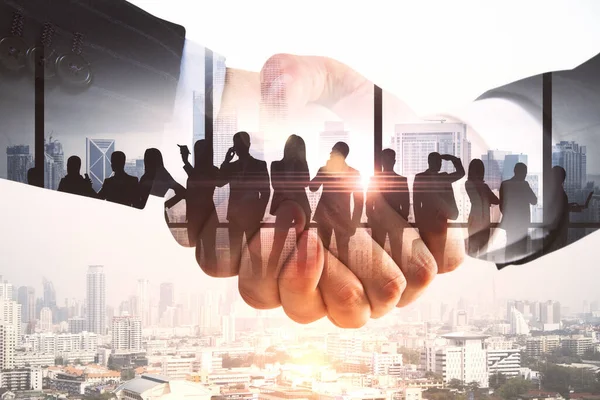 Togetherness Handshake Creative City Background Businesspeople Toning Teamwork Success Concept — Stock Photo, Image