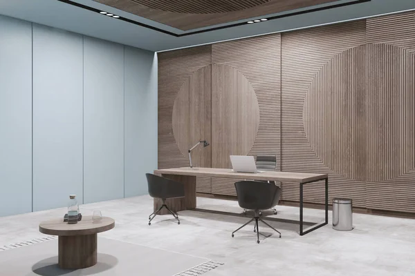 Interior Escritório Madeira Moderna Com Móveis Parede Decorativa Local Trabalho — Fotografia de Stock
