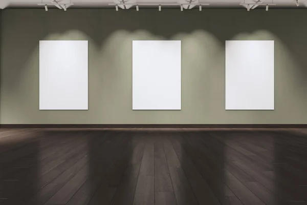 Minimalista Múzeum Belső Tér Üres Fehér Plakátokkal Sötét Parkettával Tükröződésekkel — Stock Fotó