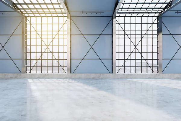 Modern Spacious Concrete Empty Hangar Interior Sunlight City View Window — Stock Photo, Image