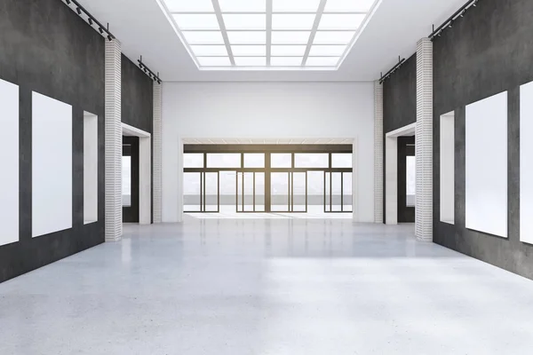 Moderno Interior Sala Exposiciones Hormigón Con Carteles Vacíos Luz Solar —  Fotos de Stock