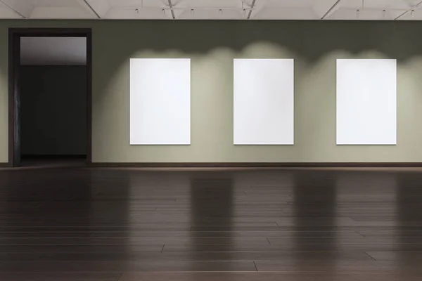 Contemporary Museum Interior Empty White Posters Dark Wooden Parquet Flooring Stockbild