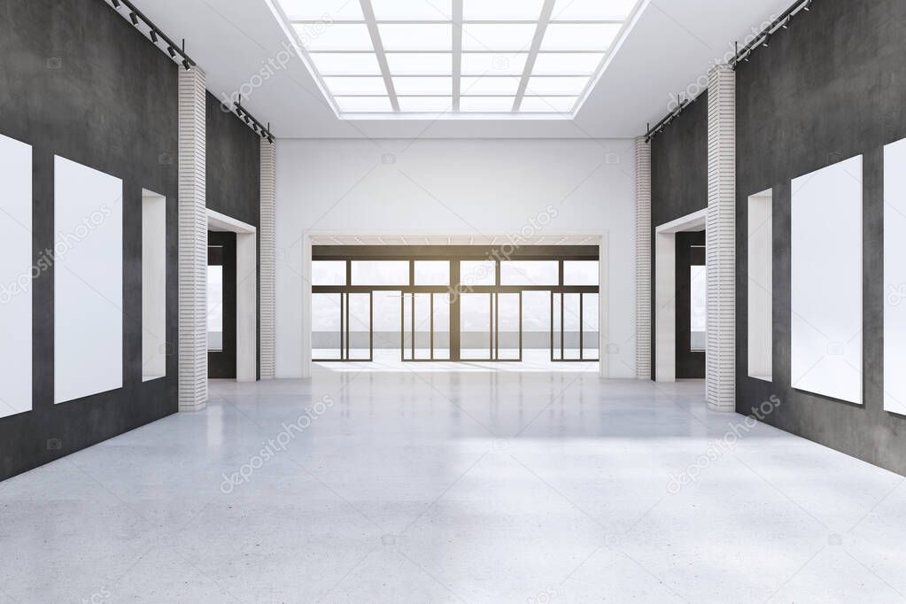 Modern concrete exhibition hall interior with empty posters and sunlight. Gallery concept. 3D Rendering