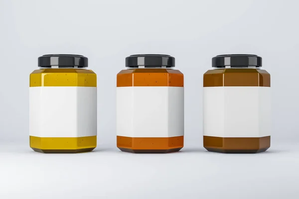 薄い背景に空のラベルの蜂蜜瓶 製品パッケージ 販売およびマーケティングの概念 モックアップ 3Dレンダリング — ストック写真