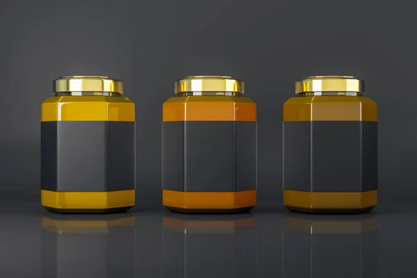 黒の背景に空のラベルの蜂蜜瓶 製品パッケージ 販売およびマーケティングの概念 モックアップ 3Dレンダリング — ストック写真