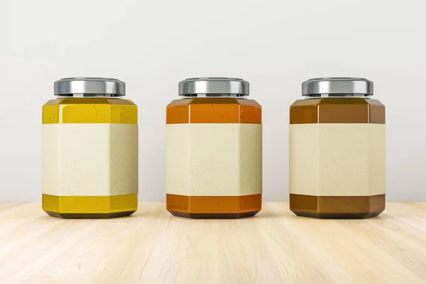 Empty Label Honey Jars Light Wooden Background Product Packaging Sales — 图库照片