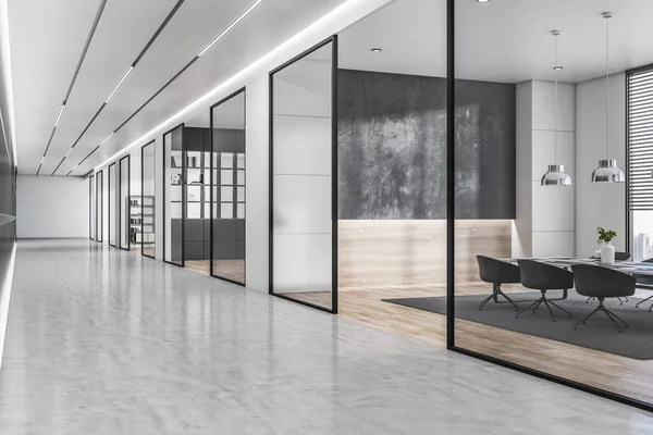 Moderno Corredor Escritório Madeira Concreto Interior Com Paredes Vidro Conceito — Fotografia de Stock