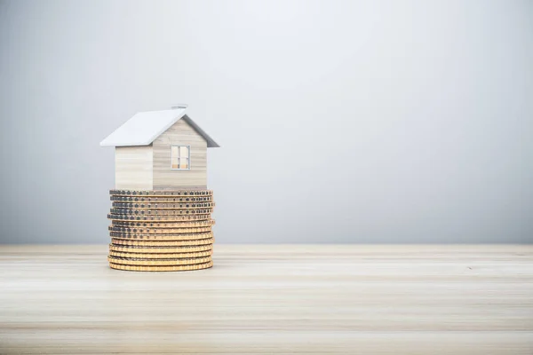 Abstract House Golden Coins Stack Light Wooden Background Mock Place — Stock Photo, Image