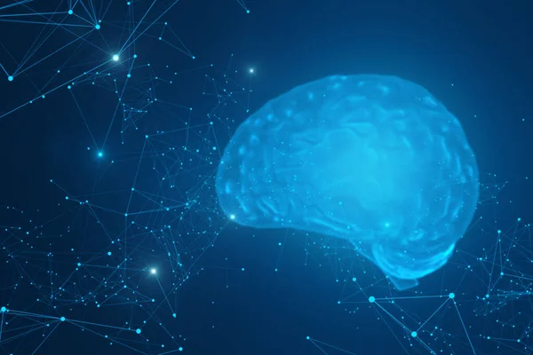 Abstract Stralende Blauwe Veelhoekige Herseninterface Wazige Achtergrond Technologie Concept Weergave — Stockfoto