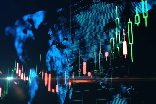 Creativo Incandescente Grande Mappa Dati Grafico Forex Candeliere Ologramma Sfondo — Foto Stock