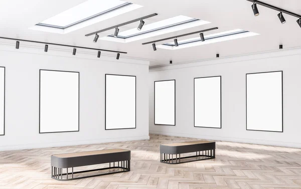 Moderno Salón Exposiciones Interior Con Blanco Vacío Maqueta Encima Pancartas — Foto de Stock