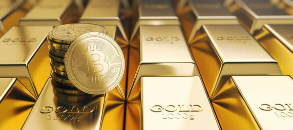 Tvůrčí Pozadí Kryptokracií Bitcoinů Zlatými Ingoty Koncept Peněz Investic Vykreslování — Stock fotografie