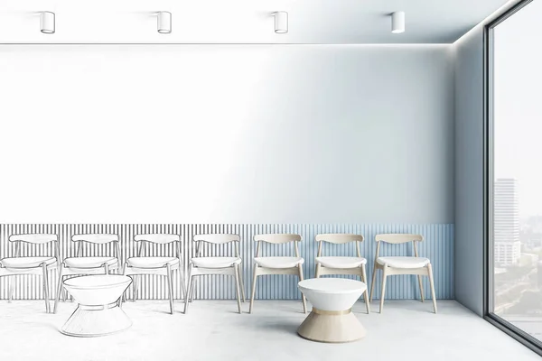 Sketch Waiting Area Office Interior Mock Place Blue Wall Chairs — стоковое фото