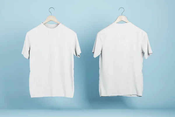 Empty White Shirts Blue Wall Background Product Design Presentation Concept — Stockfoto