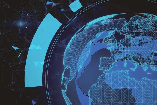 Bright Digital Polygonal Globe Blurry Blue Background Technology Innovation Futuristic — Stockfoto