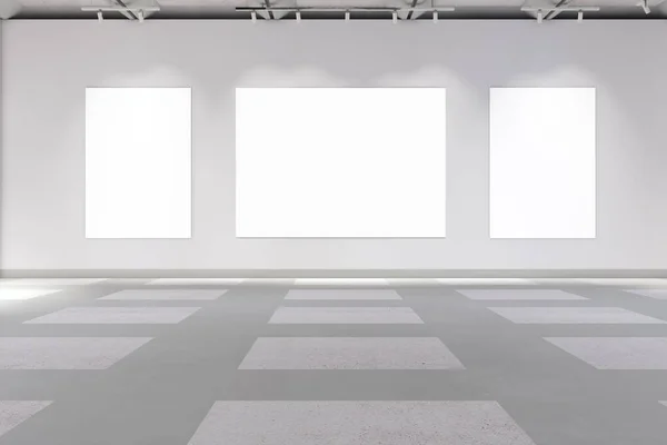 Minimalistic Concrete Gallery Interior Empty White Mock Posters Rendering — Stockfoto