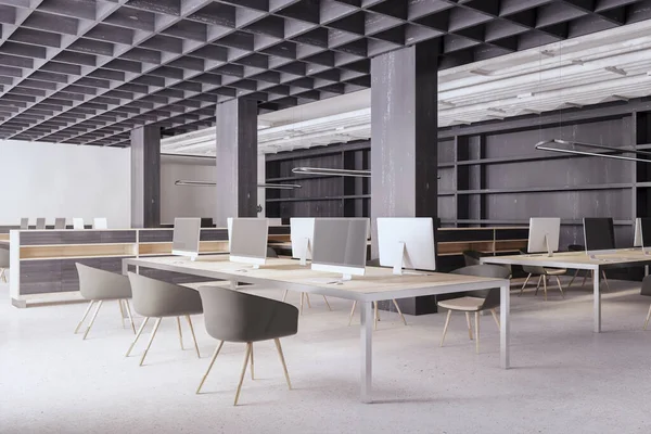 Contemporary Concrete Wooden Coworking Office Interior Empty Computer Screens Equipment — Fotografie, imagine de stoc