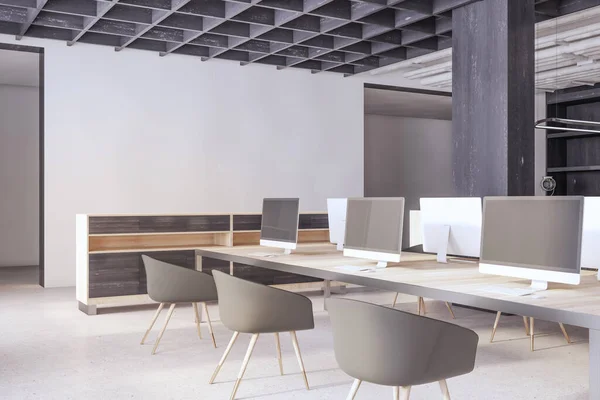 Modern Concrete Wooden Coworking Office Interior Blank Mock Place Wall —  Fotos de Stock