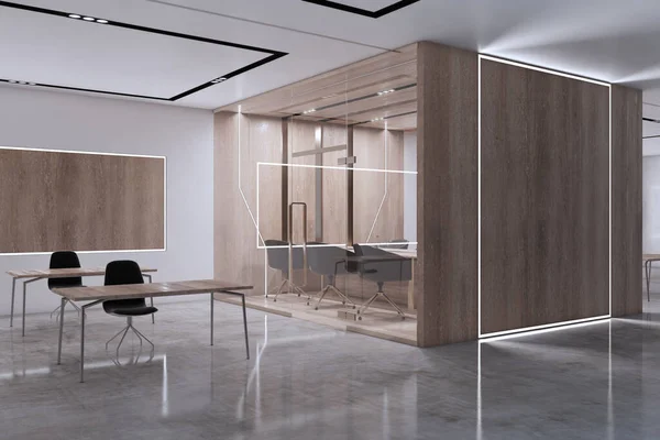 Modern Meeting Room Interior Furniture Wooden Concrete Walls Floor Rendering — Zdjęcie stockowe