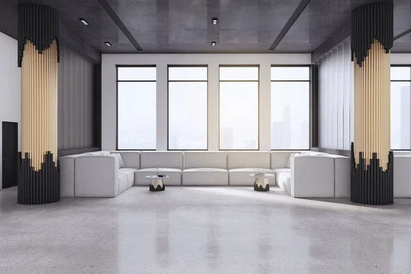 Bright Office Waiting Area Couch Window City View Daylight Concrete — Fotografia de Stock