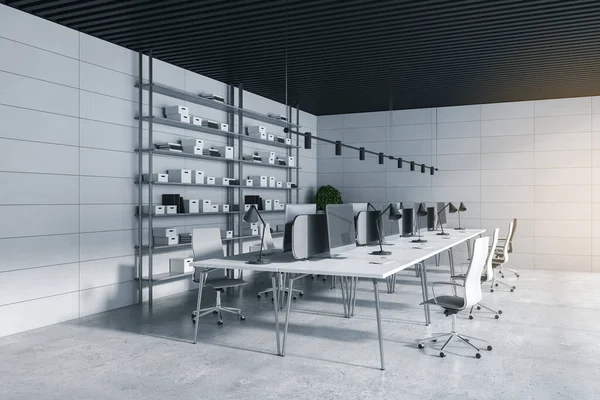 Modern Concrete Gray Tile Coworking Office Interior Furniture Shelves Equipment — Fotografia de Stock