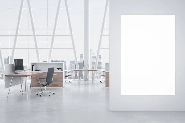 Modern Concrete Coworking Office Interior Blank White Mock Poster Panoramic — 图库照片