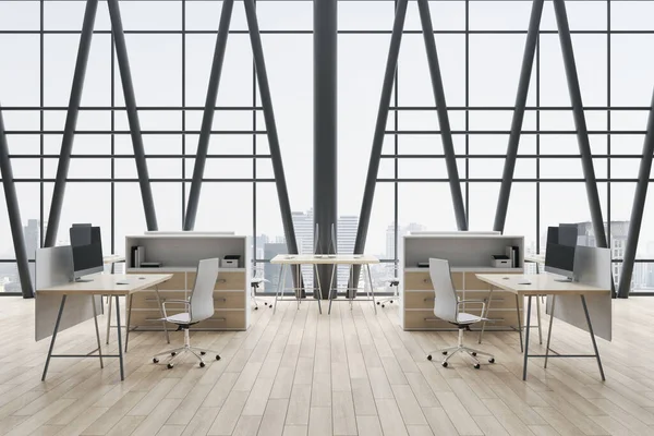 Modern Concrete Coworking Office Room Interior Panoramic Window City View — Φωτογραφία Αρχείου