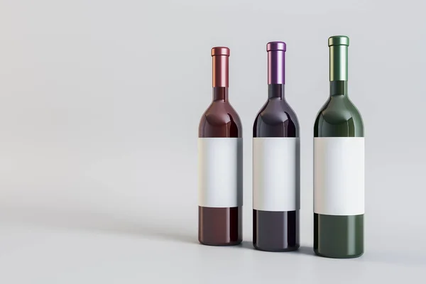 明るい背景に白いラベルのワインボトルをきれいにします アルコール ワイナリー 優雅さの概念 モックアップ 3Dレンダリング — ストック写真
