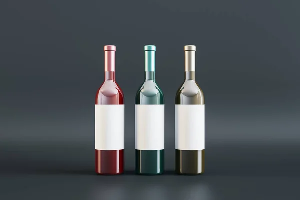 グレーの背景に空の白ラベルワインボトル アルコール ワイナリー 優雅さの概念 モックアップ 3Dレンダリング — ストック写真