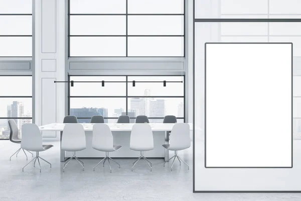 Modern White Concrete Meeting Room Interior Empty Mock Poster Wall — стоковое фото