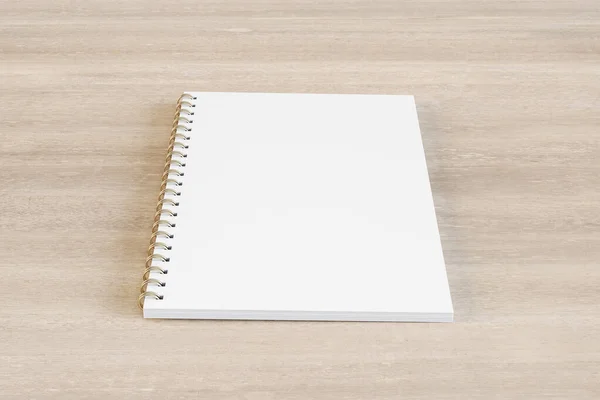 Close Blank White Spiral Notepad Wooden Desktop Background Mock Rendering — Zdjęcie stockowe