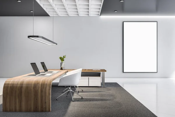 Modern Office Interior Empty White Mock Poster Concrete Walls Floor — 스톡 사진