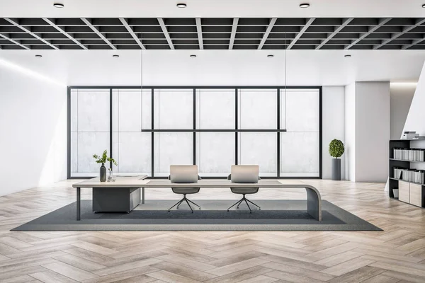 Modern Office Interior Concrete Wooden Walls Floor Furniture Equipment Daylight — Stockfoto