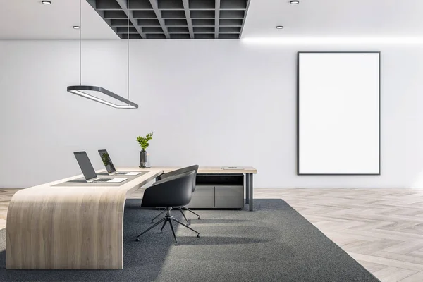 Modern Office Interior Clean White Mock Banner Concrete Wooden Walls — Stock fotografie