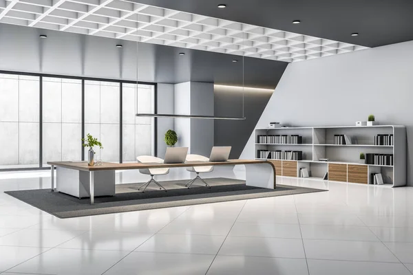 Contemporary Office Interior Window City View Concrete Walls Floor Furniture — Foto de Stock