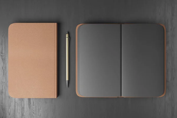 Top View Empty Closed Open Notepeds Pen Wooden Desk Mock — Stock fotografie