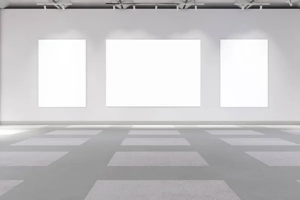Minimalistic Concrete Gallery Interior Empty White Mock Posters Rendering - Stok İmaj