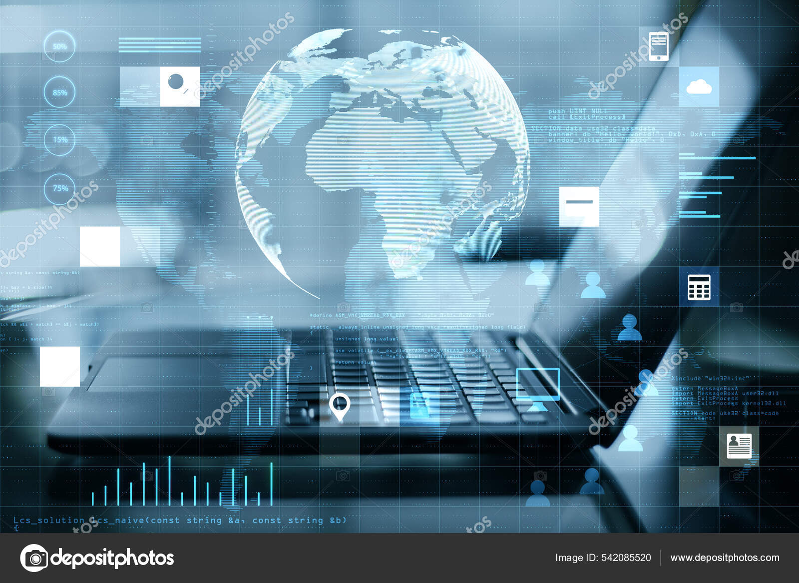 Close Laptop Desktop Abstract Digital Social Globe Grid Hologram.