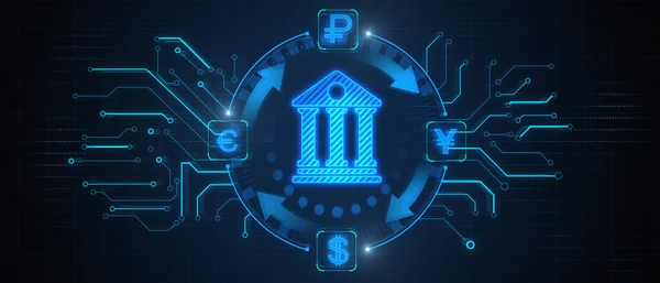 Abstraktes Online Banking Hologramm Auf Hintergrund Geld Technologie Und Handelskonzept — Stockfoto